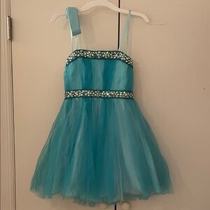 Charming Teal Kids Dress with Embellishments